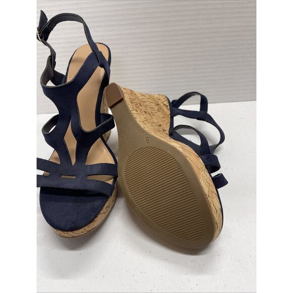 Never Worn Women’s Size 8 Cork Wedge Shoes With Navy Blue Straps - Picture 3 of 5